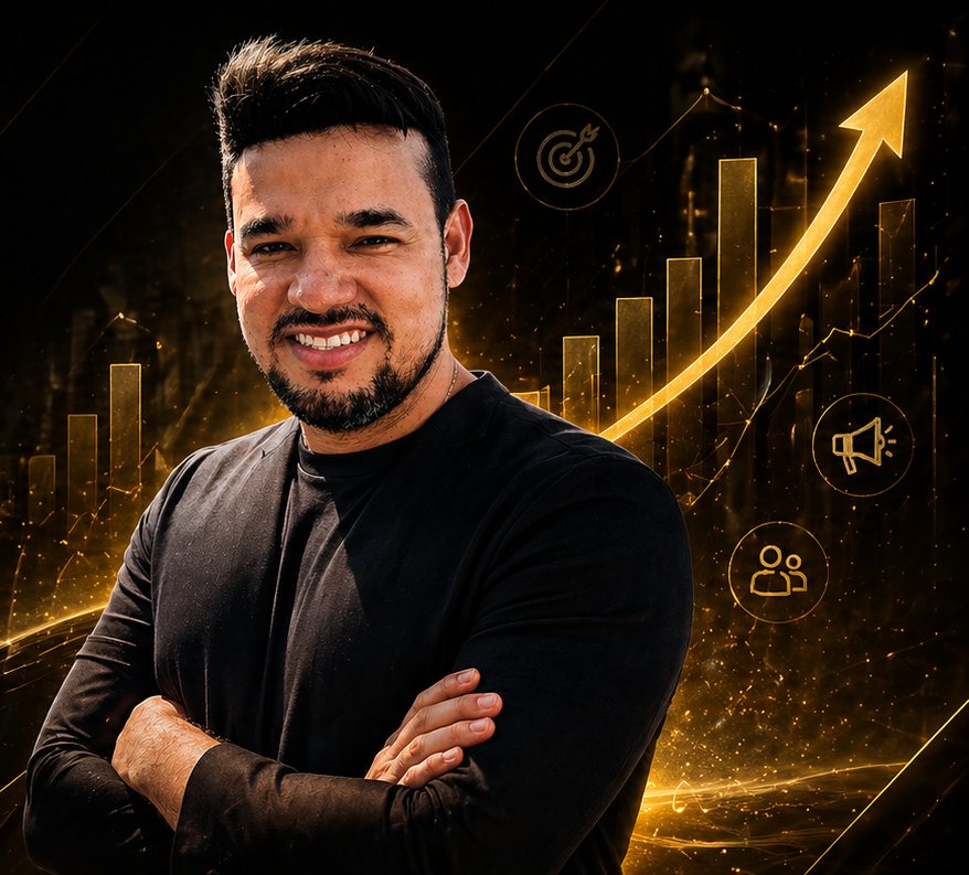 Maurício Júnior de braços cruzados, com gráfico de crescimento dourado ao fundo